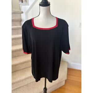 Exclusively Misook Black Red Trim Square Neck Short Sleeve Knit Top